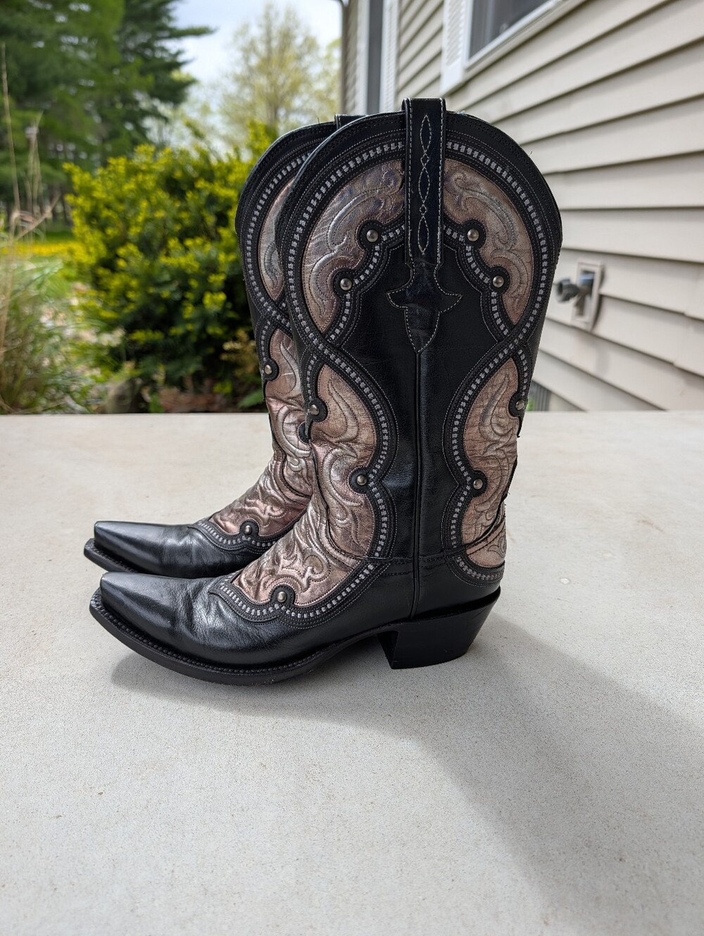 Rare Lucchese Averill Boots Black Silver Leather Embroidered Inlay Snip Toe Y2K